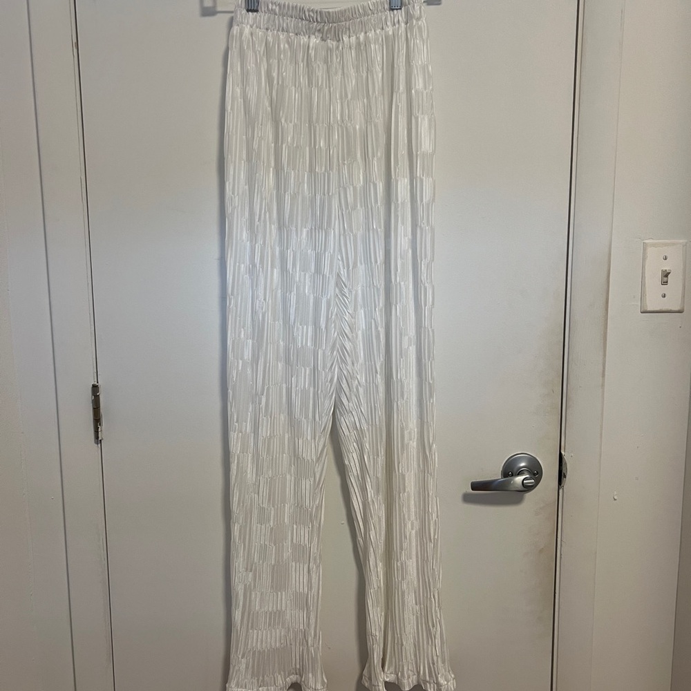 White Textured Wide-Leg Pants